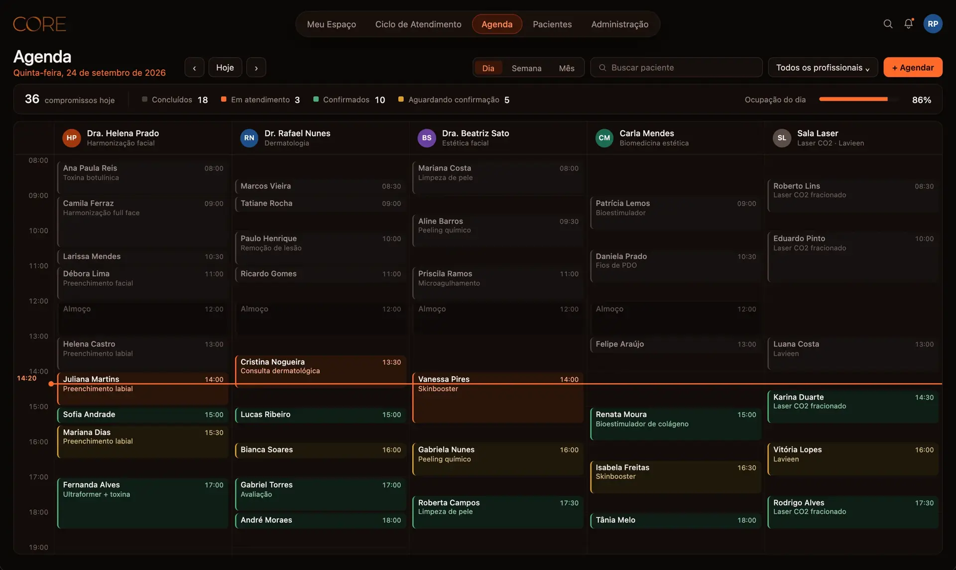 Tela Agenda na Core One, com os compromissos do dia de cada profissional